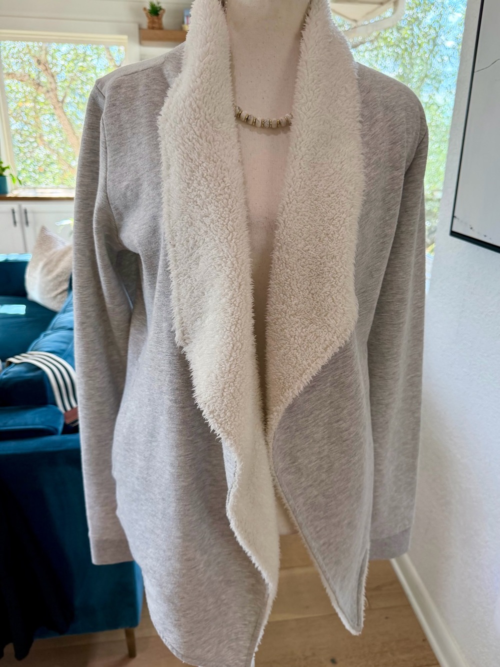 GAIAM Light Gray Cardigan with Cream Sherpa Collar